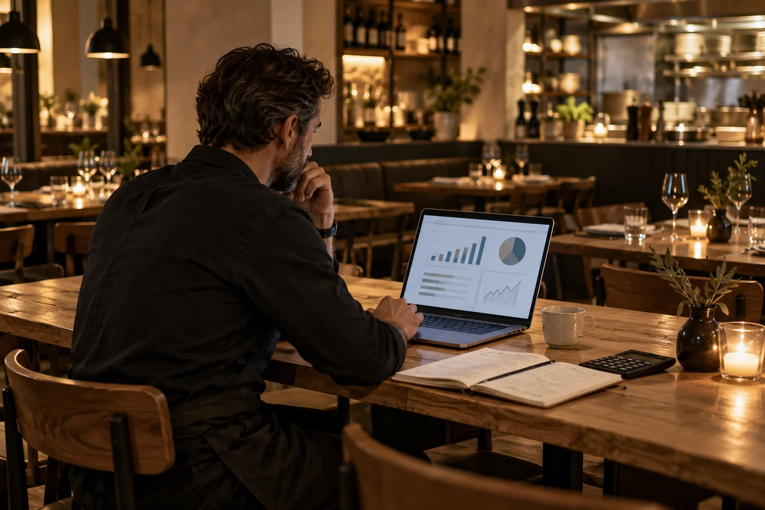 En restauranteier gjennomgår salgstall på en bærbar datamaskin