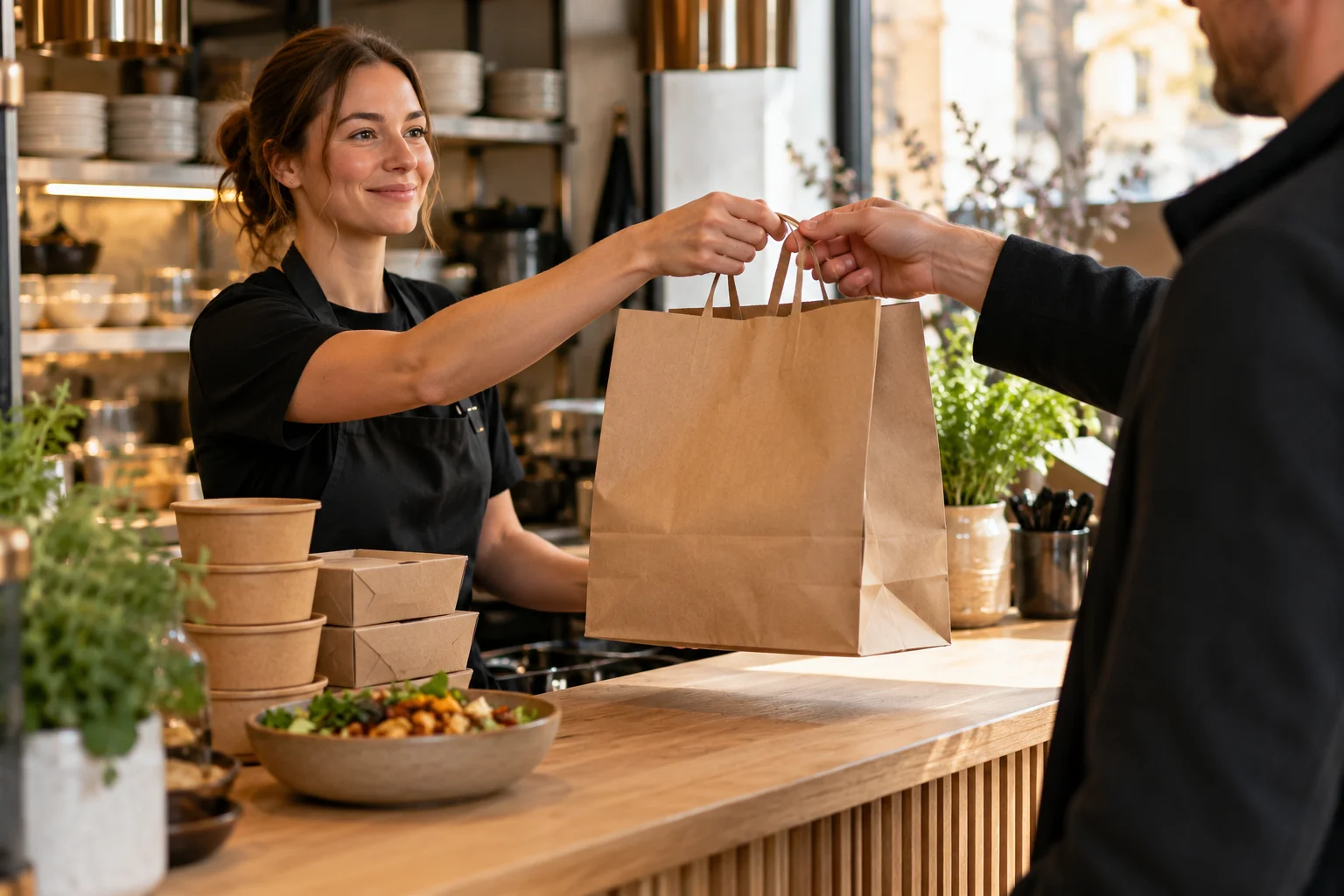 En takeawaybestilling overleveres til en gjest